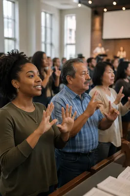 Diverse Congregants Signing Together in Church Hall