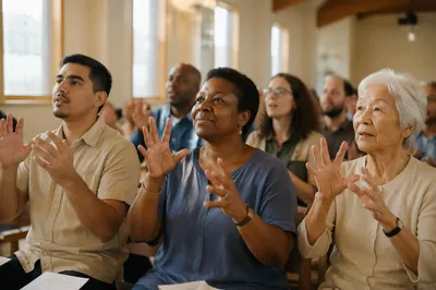 Deaf Congregation Signing in Sunlit Chapel