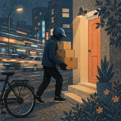 Night Delivery Courier at Residential Doorstep