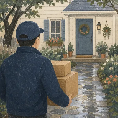 Delivery Driver Bringing Packages After Rain