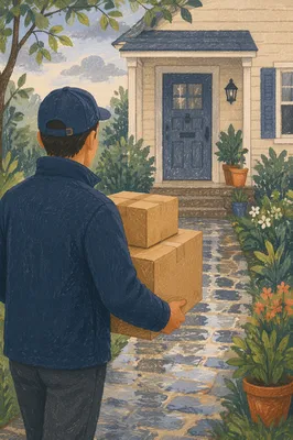 Delivery Driver Approaching Rainy Suburban Doorstep
