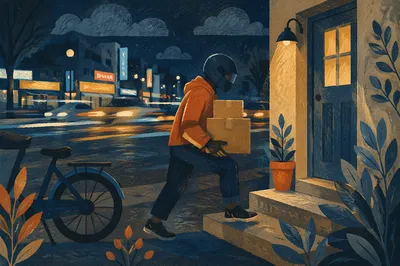 Night Delivery Courier at Residential Doorstep