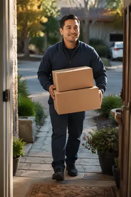 Delivery Driver Carrying Packages to Front Door