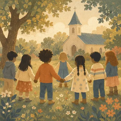 Diverse Children Holding Hands in Church Yard
