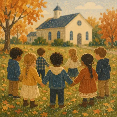 Diverse Children Holding Hands in Church Yard