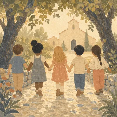 Diverse Children Walking Together in Church Yard