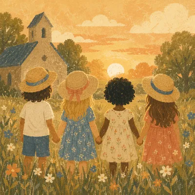 Diverse Children Holding Hands at Sunset