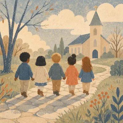 Diverse Children Walking in Church Yard