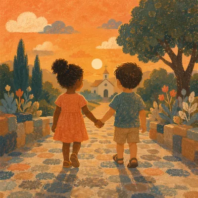 Diverse Children Holding Hands at Sunset
