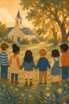 Diverse Children Holding Hands in Church Yard