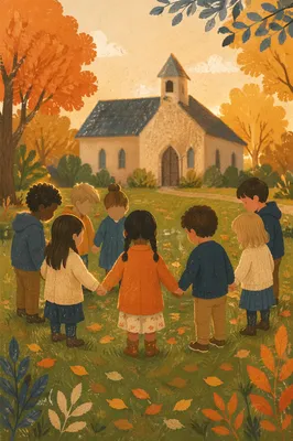 Diverse Children Holding Hands in Church Yard