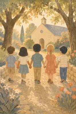 Diverse Children Walking Together in Church Yard