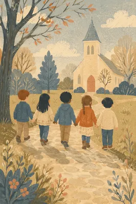 Diverse Children Walking in Church Yard