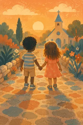 Diverse Children Holding Hands at Sunset