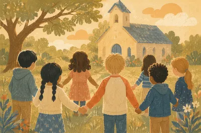 Diverse Children Holding Hands in Church Yard
