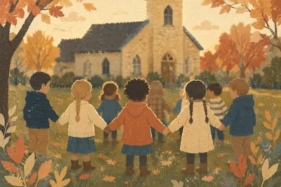Diverse Children Holding Hands at Church Yard
