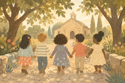 Diverse Children Walking Together in Church Yard