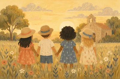 Diverse Children Holding Hands at Sunset