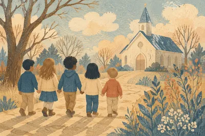 Diverse Children Walking in Church Yard