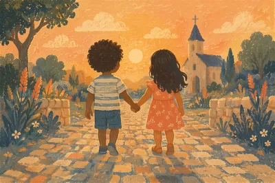 Diverse Children Holding Hands at Church Yard