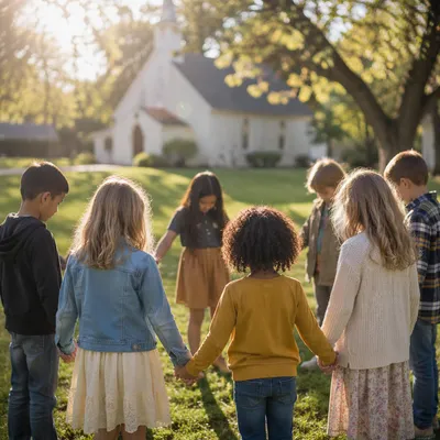Diverse Children Holding Hands in Church Yard