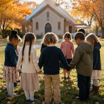 Diverse Children Holding Hands at Church Yard