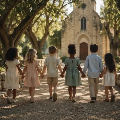 Diverse Children Walking Together in Church Yard