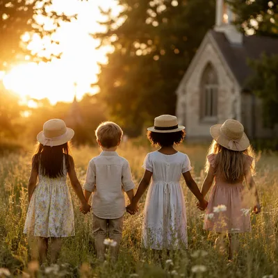 Diverse Children Holding Hands at Sunset