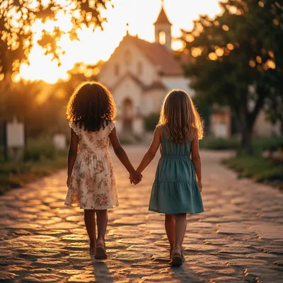 Diverse Children Holding Hands at Sunset