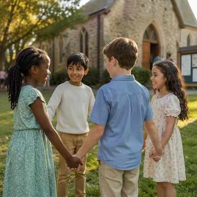 Diverse Children Holding Hands in Church Yard