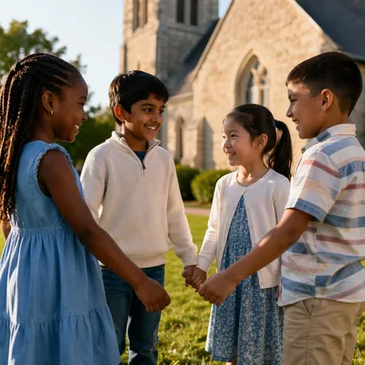 Diverse Children Holding Hands in Church Yard