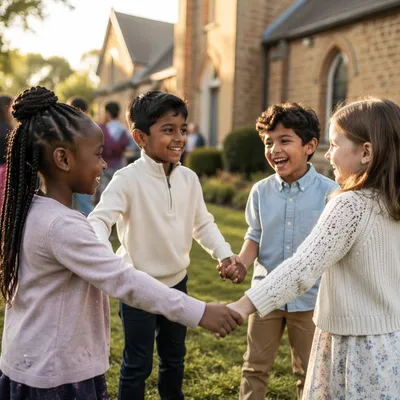 Diverse Children Holding Hands in Church Yard