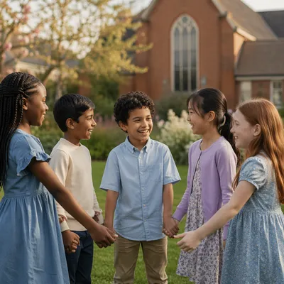 Diverse Children Holding Hands in Church Yard