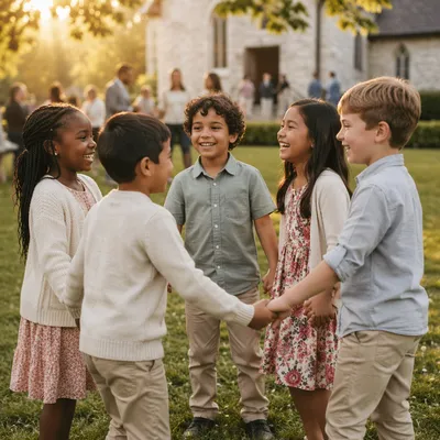 Diverse Children Laughing in Church Yard