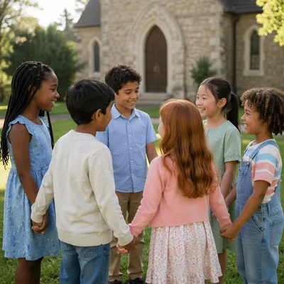 Diverse Children Holding Hands in Church Yard