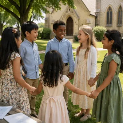 Diverse Children Holding Hands in Church Yard
