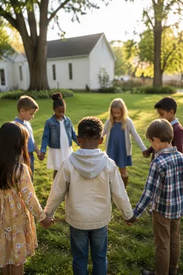 Diverse Children Holding Hands in Church Yard
