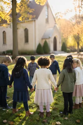 Diverse Children Holding Hands at Church Yard