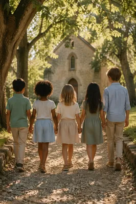 Diverse Children Walking Together in Church Yard