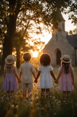 Diverse Children Holding Hands at Sunset
