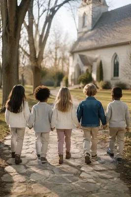Diverse Children Walking in Church Yard