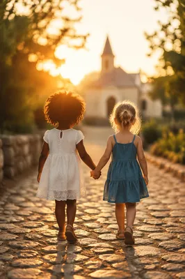 Diverse Children Holding Hands at Sunset