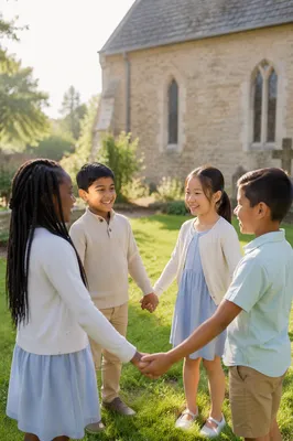 Diverse Children Holding Hands in Church Yard