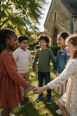 Diverse Children Holding Hands at Church
