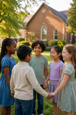 Diverse Children Holding Hands in Church Yard