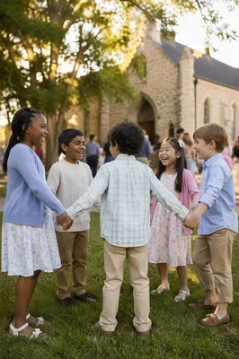 Diverse Children Holding Hands in Church Yard