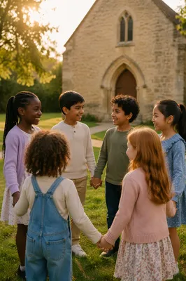 Diverse Children Holding Hands in Church Yard