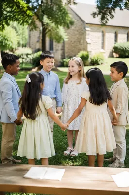 Diverse Children Holding Hands in Church Yard