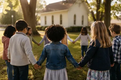 Diverse Children Holding Hands in Church Yard