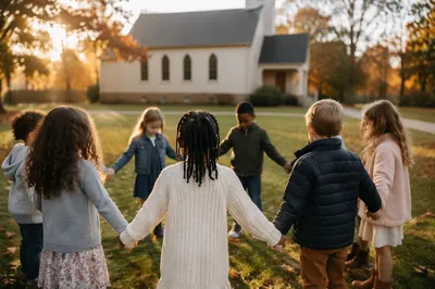 Diverse Children Holding Hands on Church Lawn